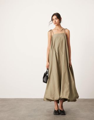 Asos Editon Cami Puff Ball Maxi Dress in Khaki