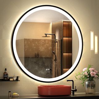 Ivy Bronx Balig Round Black Illuminated Dimmable Led Anti Fog Mirror Bathroom on cream textured wall and orange round sink