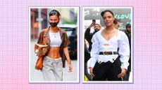 Bella Hadid and Tessa Thompson seen rocking variations of the 'unbuttoned jeans' trend / in a purple and pink template