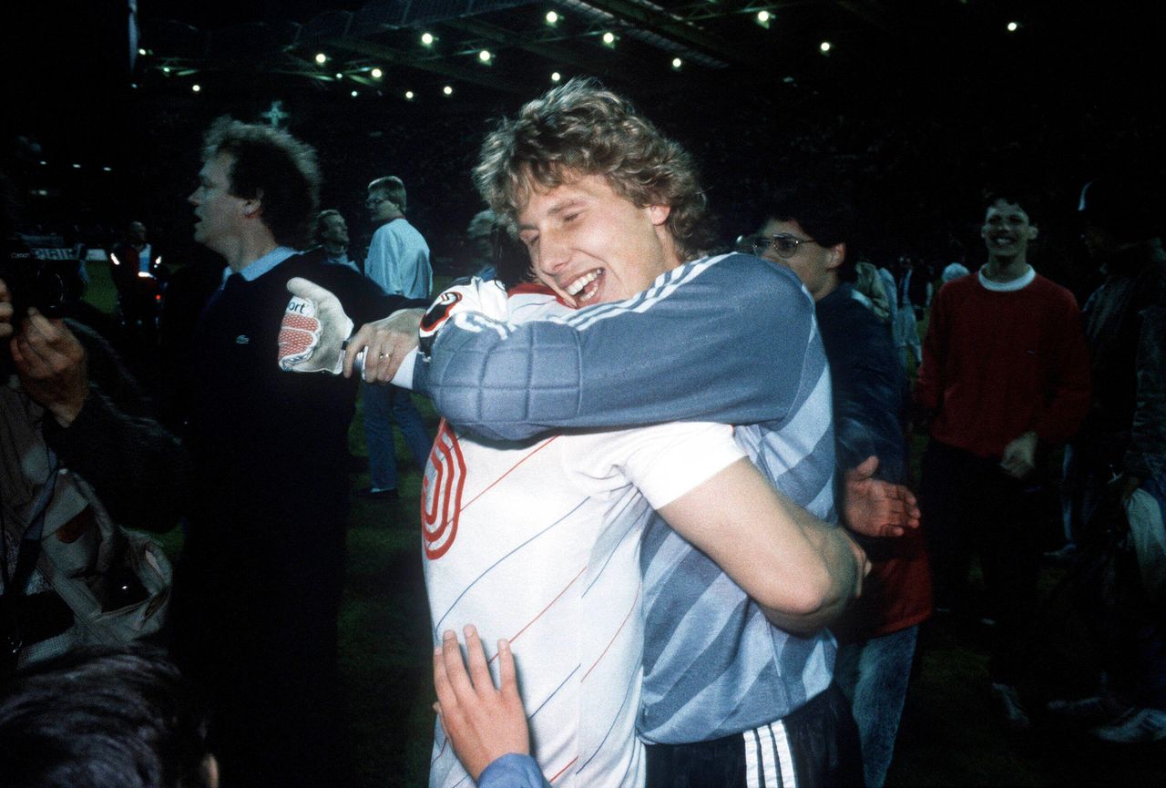 Bayer Leverkusen goalkeeper Rudiger Vollborn celebrates his side's victory over Espanyol in the 1988 UEFA Cup final