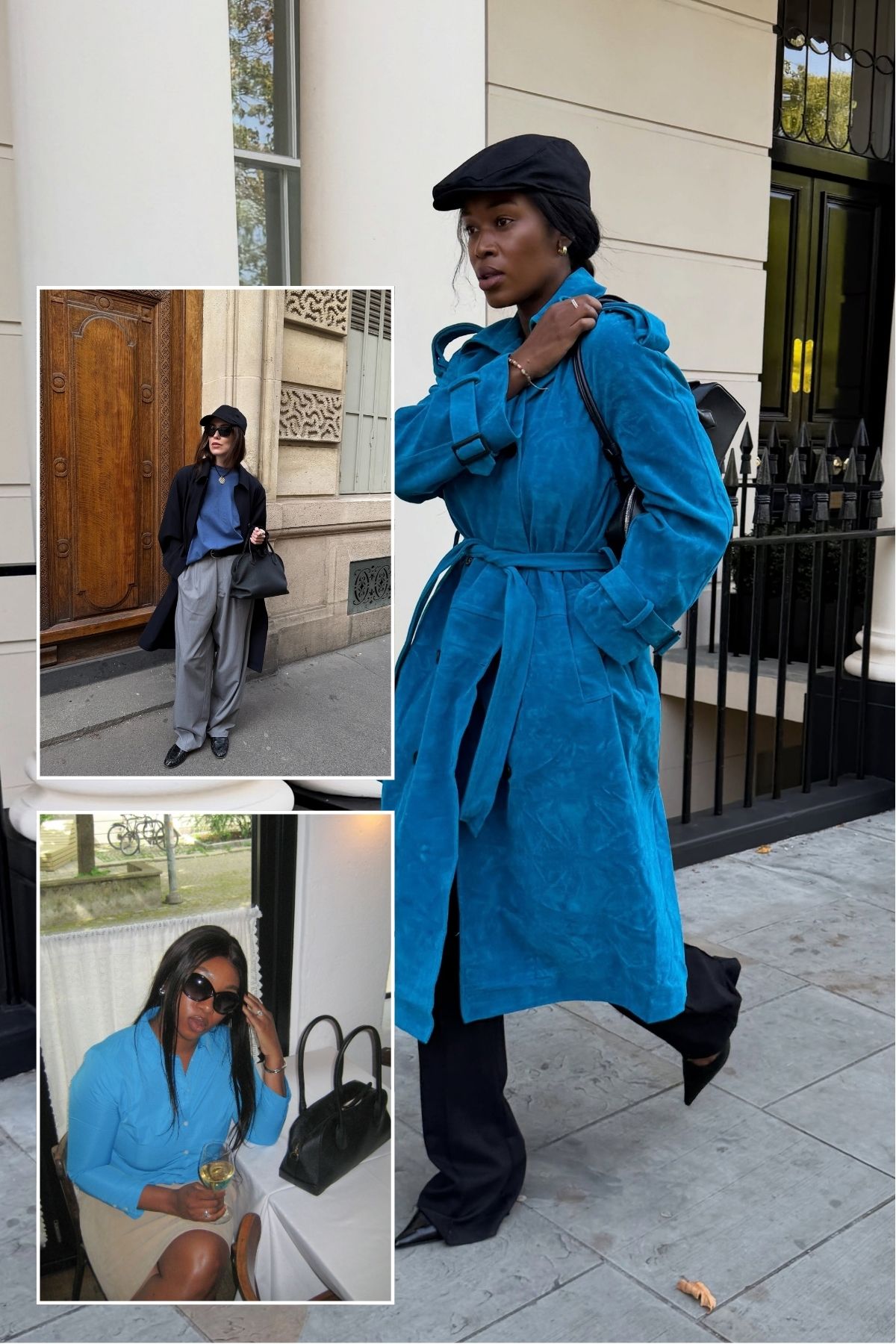 A collage of influencers wearing petrol blue outfits