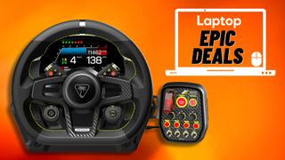 The Turtle Beach VelocityOne racing wheel beside a Laptop deals icon in front of an orange background