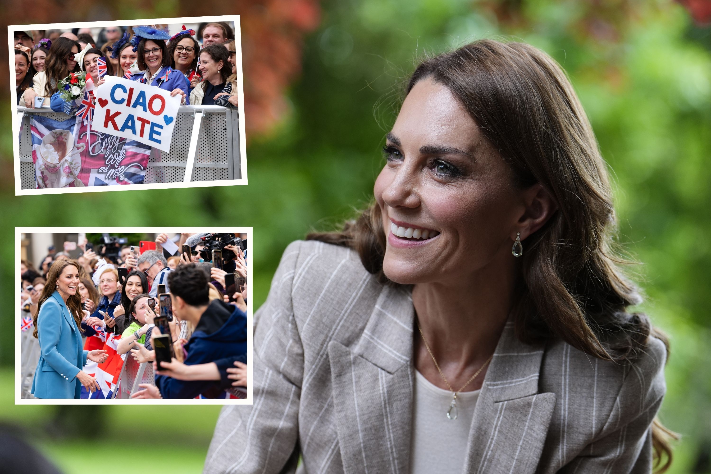 A comp image of Kate Middleton's 2026 trip to Italy, including crowd shots and a close up of the Princess of Wales 
