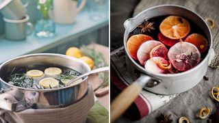 Two saucepans on stoves simmering citrus fruits and festive ingredients to show how to make your house smell good on a budget
