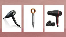 Collage of three of the best hair dryers for curly hair from ghd, Dyson and Revlon on a dark pink watercolour background