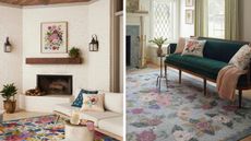 The new Rifle Paper Co. x Loloi collection featuring a white living room and a green living room