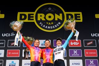 OUDENAARDE BELGIUM APRIL 02 LR Demi Vollering of The Netherlands and Team SD Worx on second place race winner Lotte Kopecky of Belgium and Team SD Worx and Elisa Longo Borghini of Italy and Team TrekSegafredo on third place pose on the podium ceremony after the 20th Ronde van Vlaanderen Tour des Flandres 2023 Womens Elite a 1566km one day race from Oudenaarde to Oudenaarde UCIWWT on April 02 2023 in Oudenaarde Belgium Photo by Luc ClaessenGetty Images