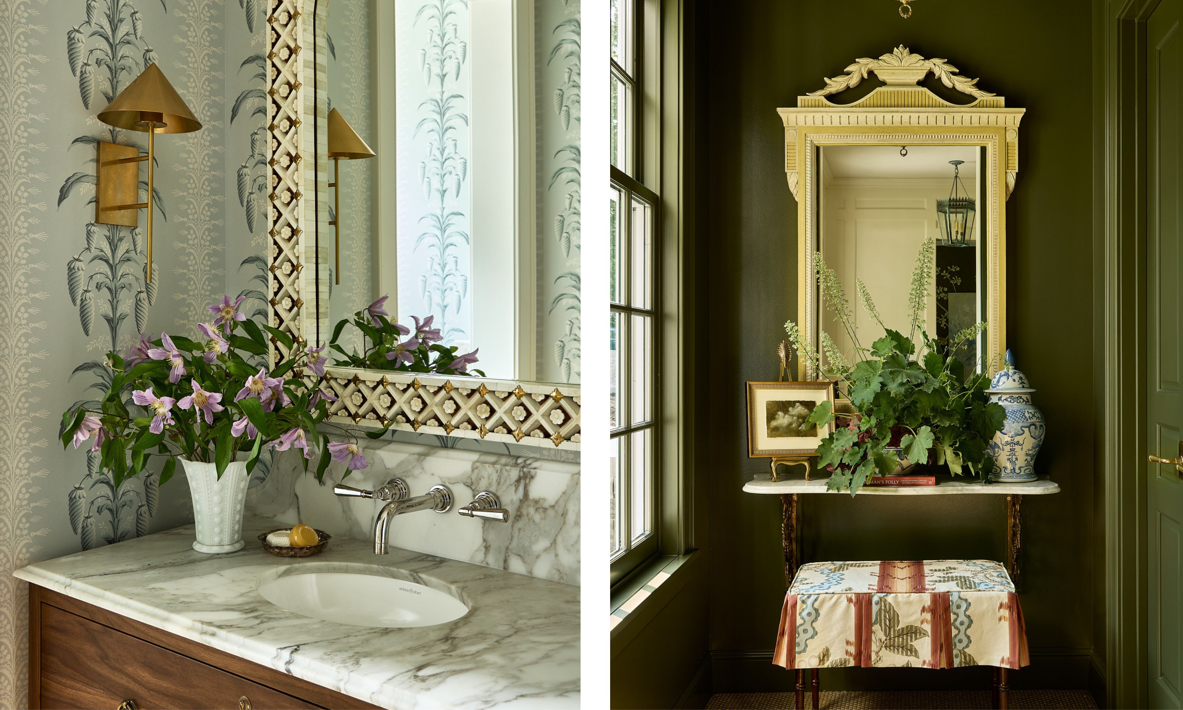 Left: the corner of a powder room with marble countertops, pineapple-motif wallpaper, a brass wall sconce, and a mirror. Right: a small room painted dark green with a marble vanity, a large vintage mirror, and an upholstered stool.
