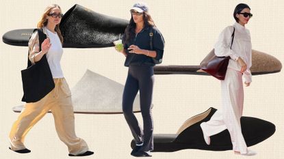 A collage featuring street style photos of Jennifer Lawrence, Laura Harrier, and Kendall Jenner wearing slippers with a backdrop of multiple pairs of slippers.