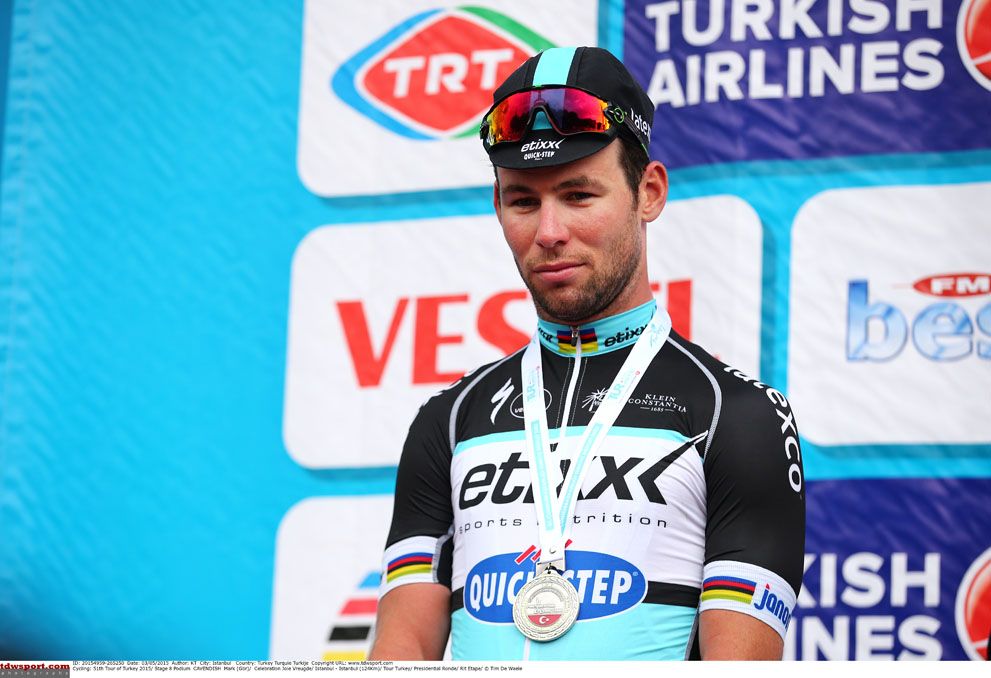 A disappointed looking Mark Cavendish on the podium