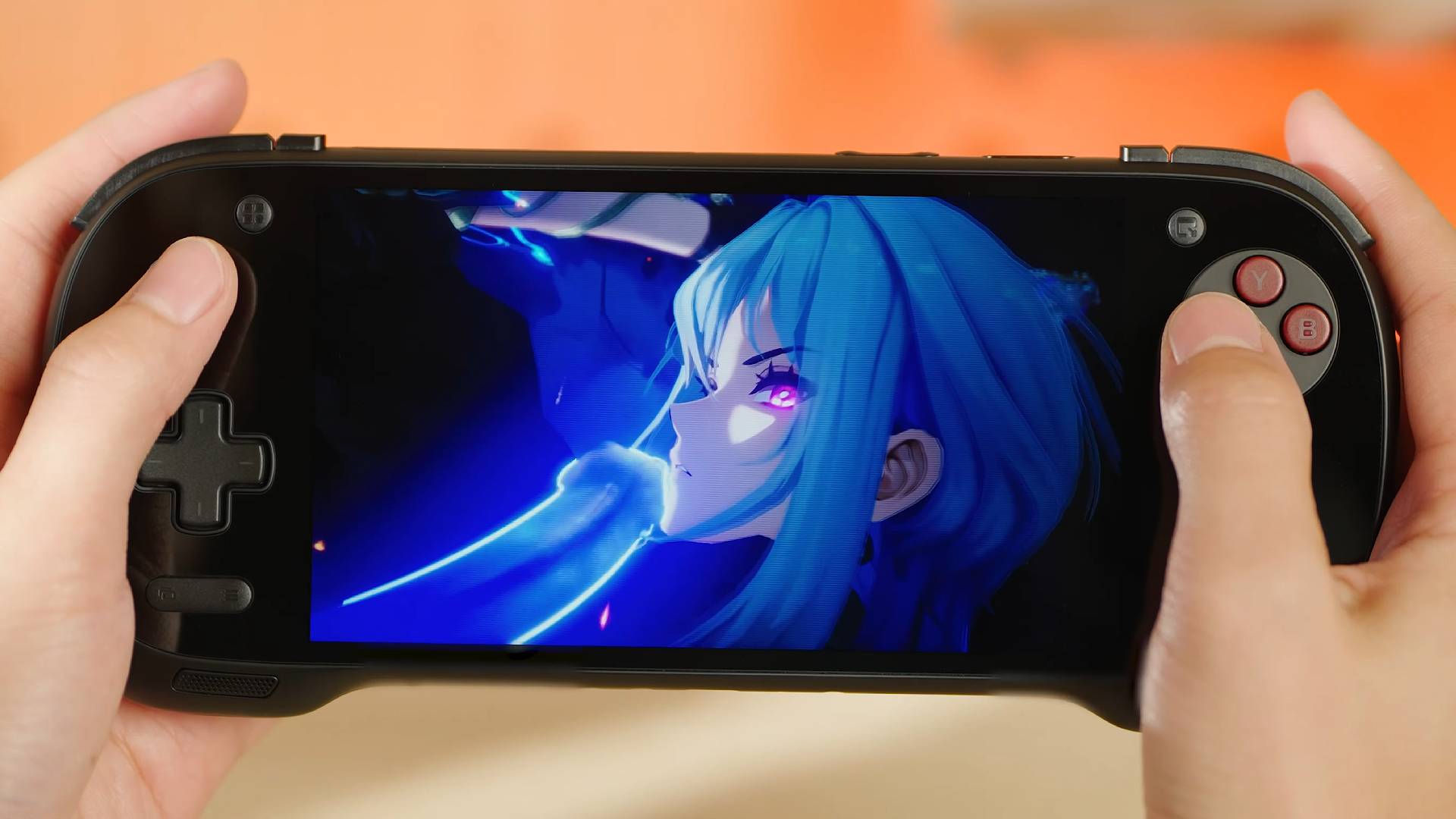 Hands holding KONKR Fit 8 Elite with anime character on screen.