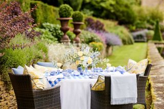 blue and yellow garden table decorations with floral arrangement by Paul Thomas