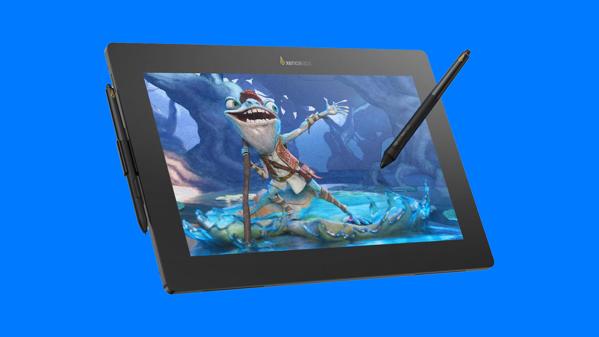 A black drawing tablet and stylus on a blue background