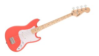 A Squier Sonic Bronco Bass in a coral finish on a white background
