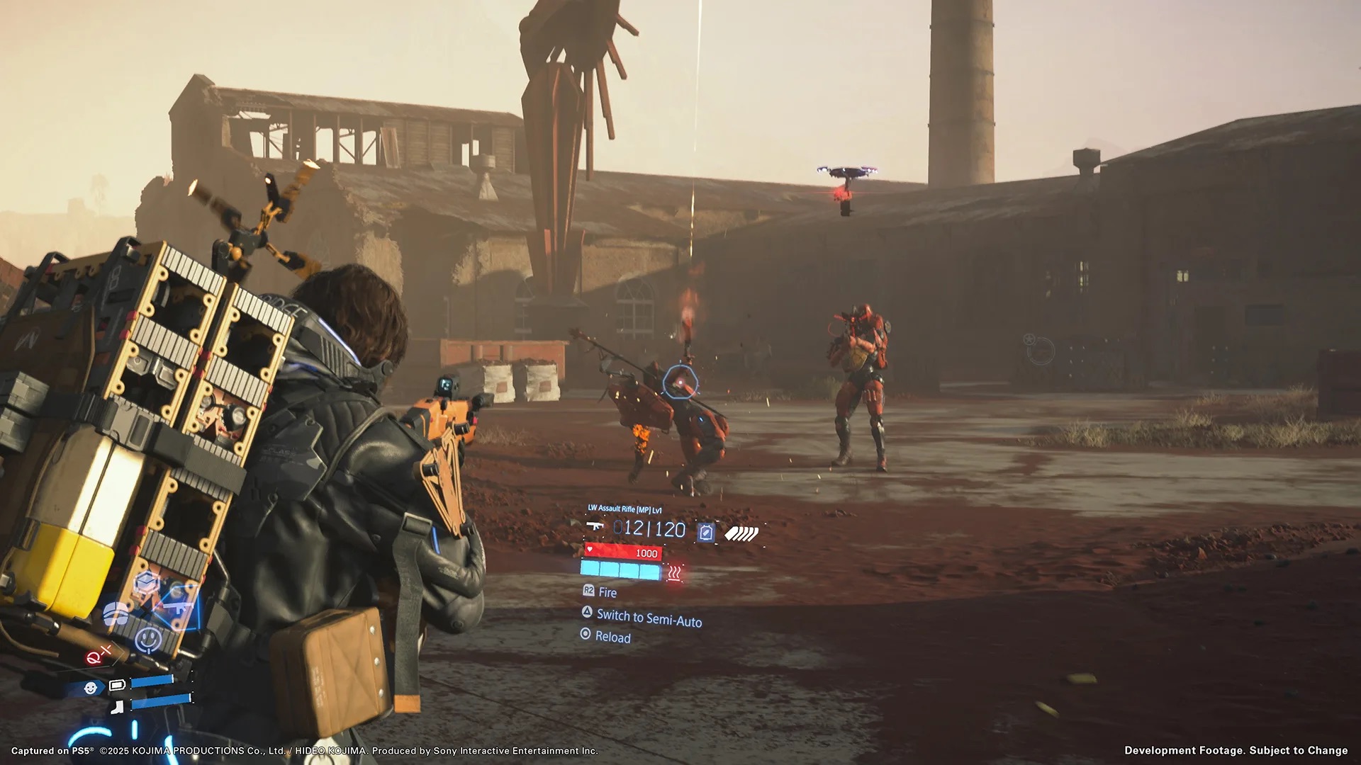 Sam Aims an orange assault rifle at robotic enemies