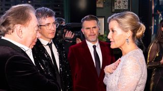 Duchess Sophie meets (L-R) Andrew Lloyd Webber, Gareth Malone and Gary Barlow, at the Royal Variety Performance at the Royal Albert Hall on December 1, 2022