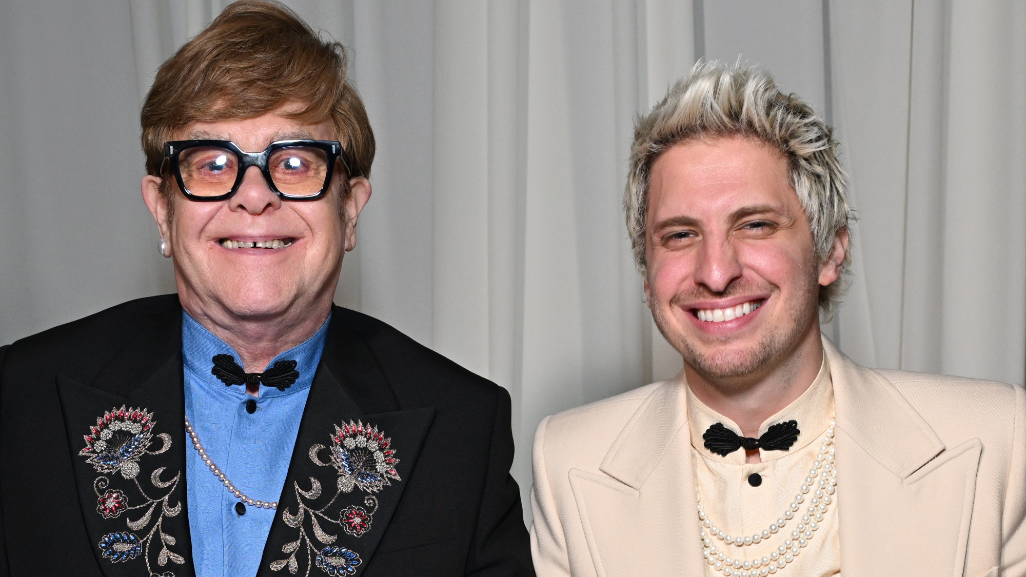 Elton John and Andrew Watt attend the press conference during Elton John AIDS Foundation's 33rd Annual Academy Awards Viewing Party on March 02, 2025 in West Hollywood, California