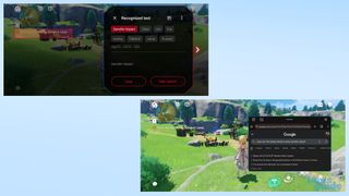 Two screenshots demonstrating the Asus ROG Phone 8 Pro's AI grabber reading text from a game on-screen and allowing the user to search for related tips