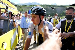 COURCHEVEL, FRANCE - JULY 19: Tadej Pogacar of Slovenia and UAE Team Emirates - White Best Young Rider Jersey reacts after the stage seventeen of the 110th Tour de France 2023 a 165.7km at stage from Saint-Gervais Mont-Blanc to Courchevel / #UCIWT / on July 19, 2023 in Courchevel, France. (Photo by David Ramos/Getty Images)