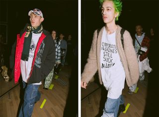 Politically charged garments were worn by angsty street cast youths - oversized hoodies and t-shirts were emblazoned with button pushing statements, protective puffers with sharp angled edges looked placard-like