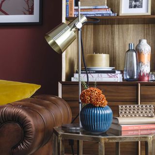 A living room corner, a bookshelf and chesterfield sofa with side table and floor lamp