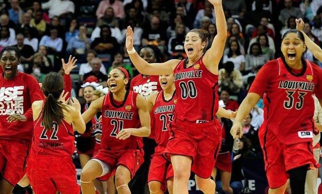 The women&amp;#039;s Louisville Cardinals celebrate making it to the NCAA championship finals on April 7.