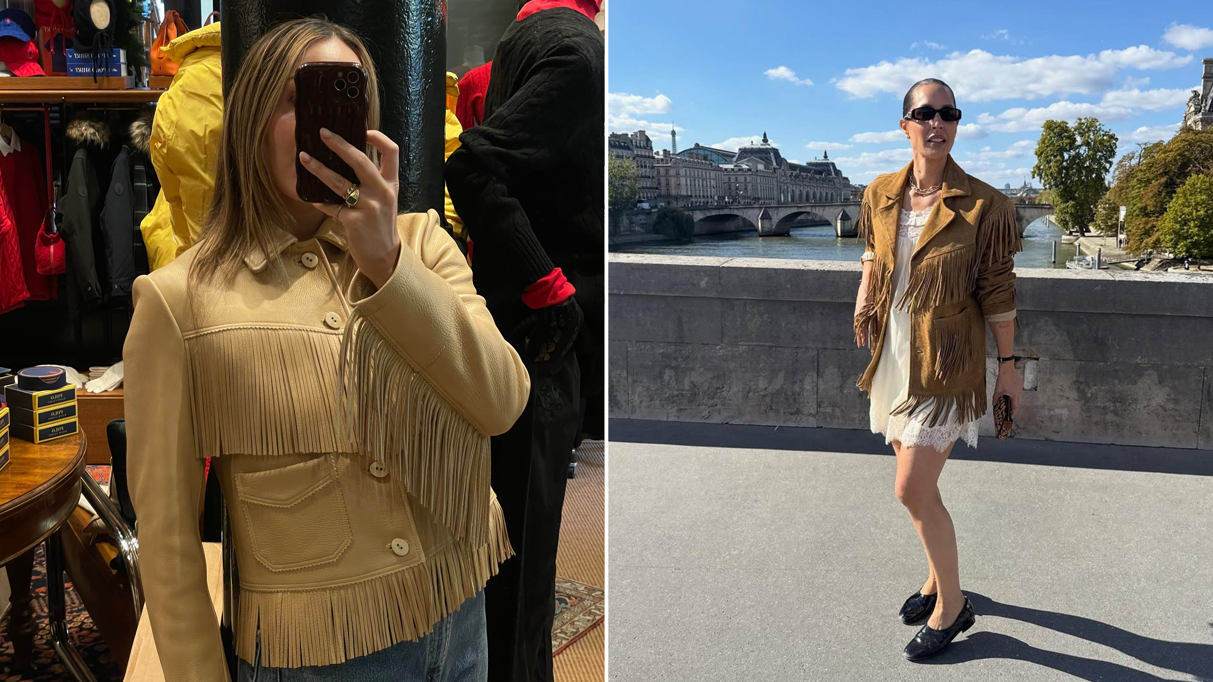 Who What Wear senior fashion editor Anna LaPlaca wearing a beige leather fringe jacket at the Polo Ralph Lauren store in New York and Pia Baroncini wearing a suede fringe jacket in Paris