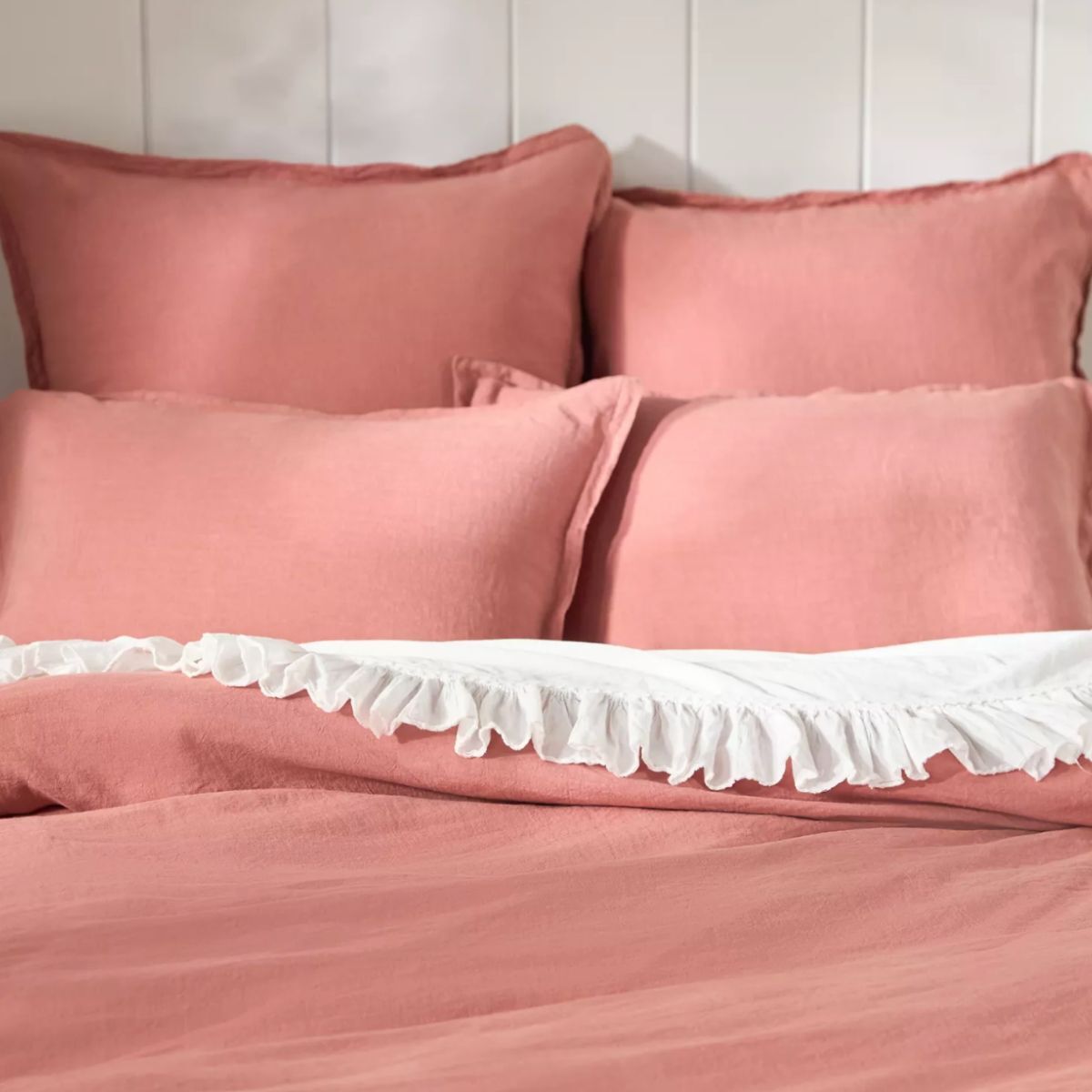 Salmon pink linen bedsheets
