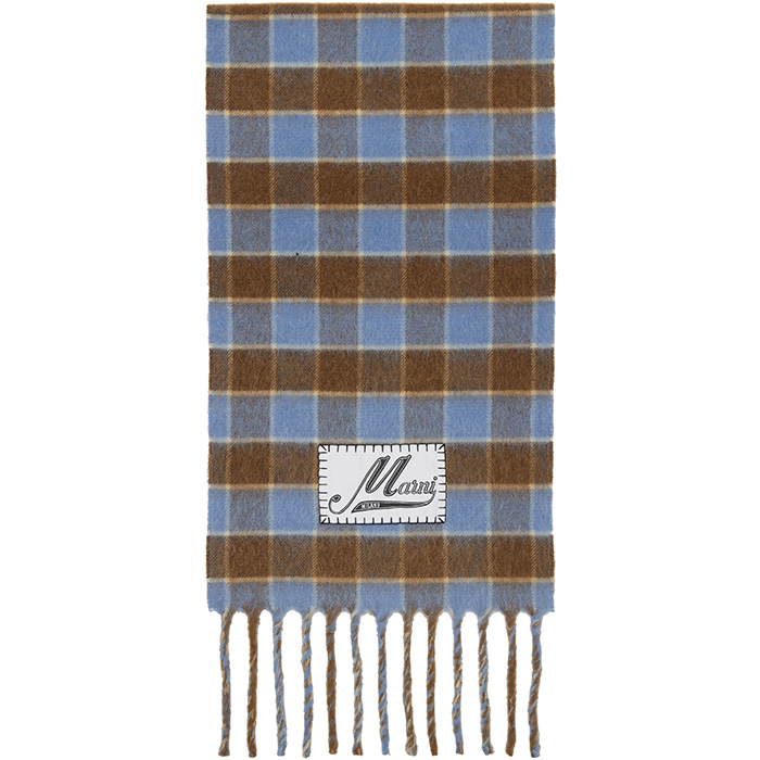 Marni, Blue &amp;amp; Brown Double Check Logo Wool Mohair Scarf