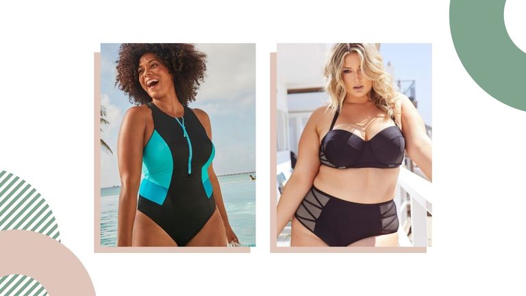 two models showcasing two of the best plus size swimwear looks, a zip from swimsuit and a black bikini