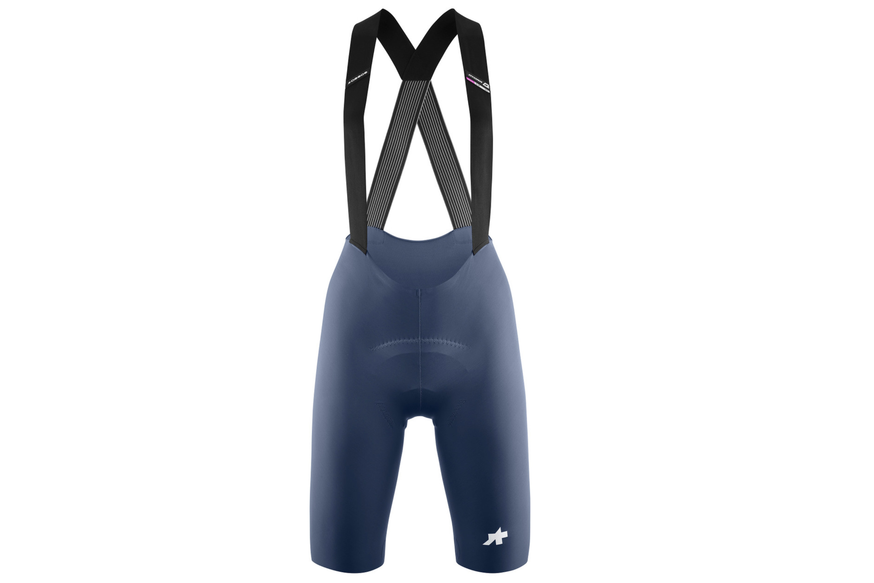 Blue Assos bib shorts with black bib straps on a white background