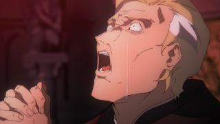 A forgemaster staring up afraid in Castlevania: Nocturne