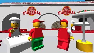 Three minifigs stand outside a pizzeria in Lego Island
