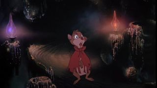 Mrs Frisby stands in awe in a cavern of candles in The Secret of NIMH.
