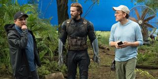 Joe and Anthony Russo with Captain America on the Avengers Infinity War set
