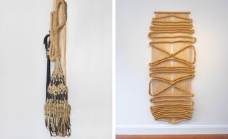 Left: 'Euphrosyne,' 1991 linen and black tape. Right: 'Swan,' 1967, undyed sisal; double half stitch.