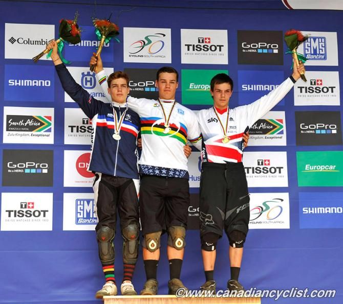 Junior men's downhill world championship podium: Loris Vergier (France), Richard Rude (United States), Michael Jones (Great Britain)