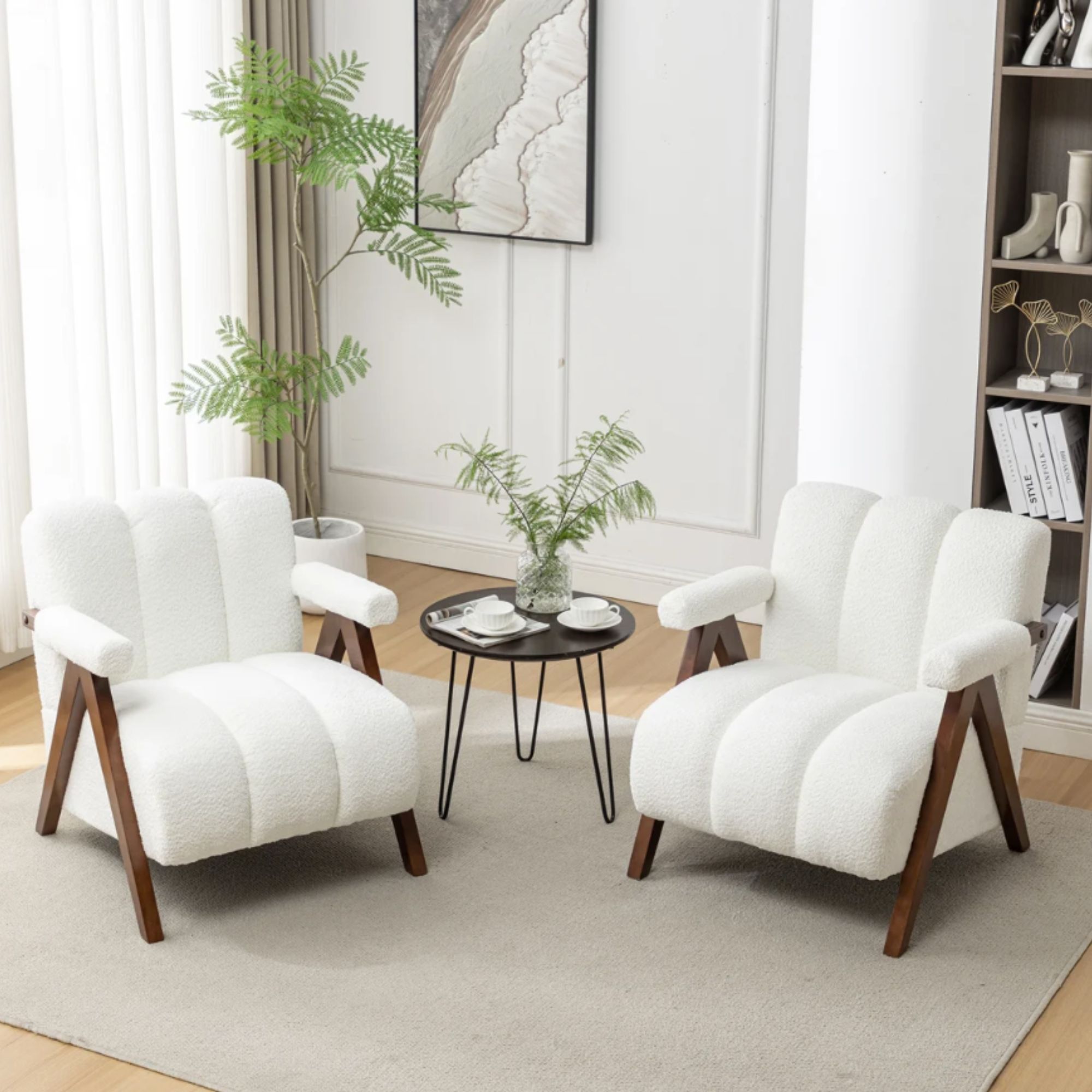 Dormon Upholstered Boucle Armchair with Solid Wood Legs (Set of 2)