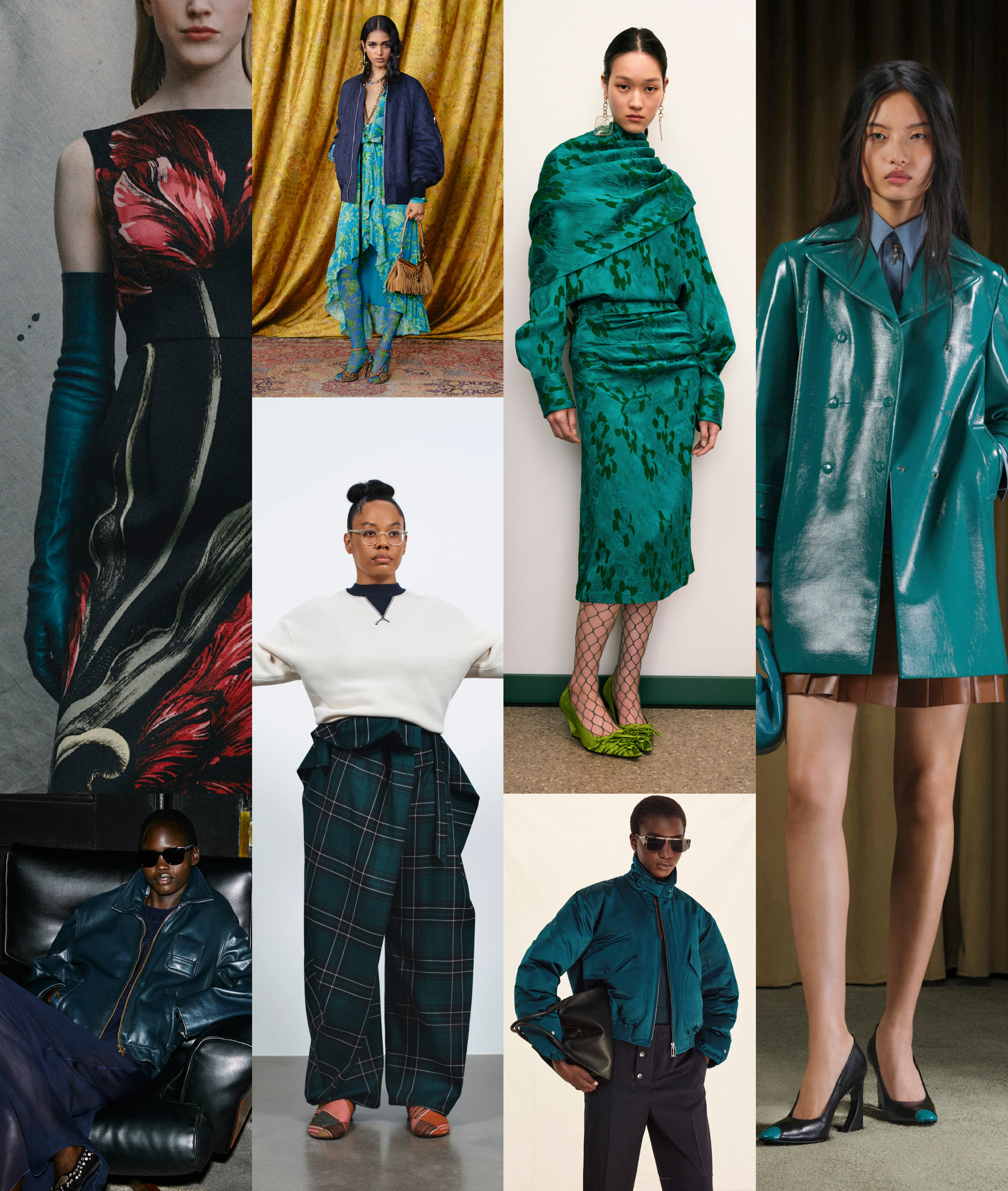 winter 2026 color trends, teal at Erdem, No. 21, Etro, JW Anderson, Tory Burch, Victoria Beckham, Fendi Resort 2026