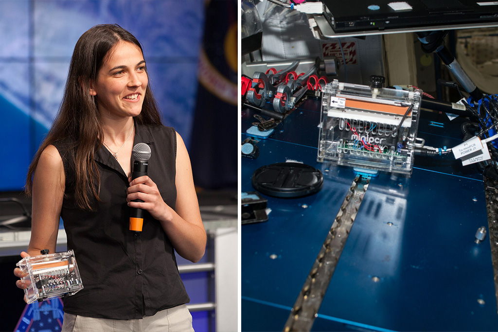 Anna-Sophia Boguraev on left, with the machine she built on right