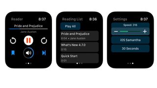 Skjermbilder av Voice Dream Reader på Apple Watch.