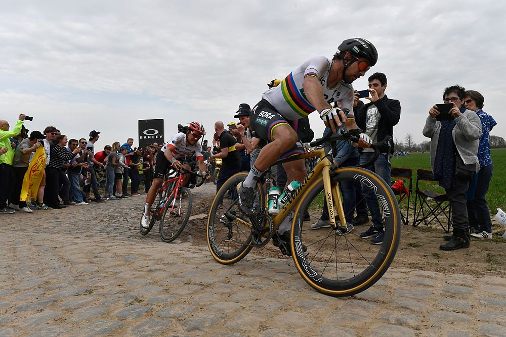 Peter Sagan (Bora-Hansgrohe) attacks and leads the breakaway at 2018 Paris-Roubaix