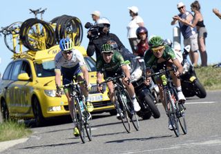 Europcar riders lead an escape on stage twelve of the 2014 Tour de France