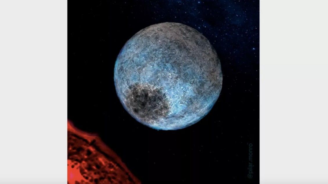 Artist&#039;s illustration of a half-rock, half-water world orbiting a red dwarf star.