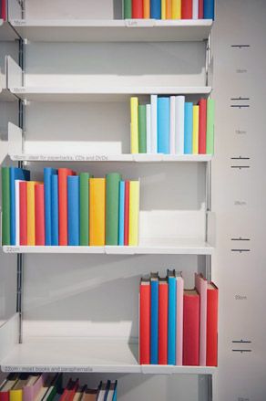 White book shelf featuring colourful books displayed on multiple layers