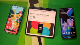 Android 15 home page on Pixel 9, Pixel 9 Pro XL, and Pixel 9 Pro Fold unfolded to a review