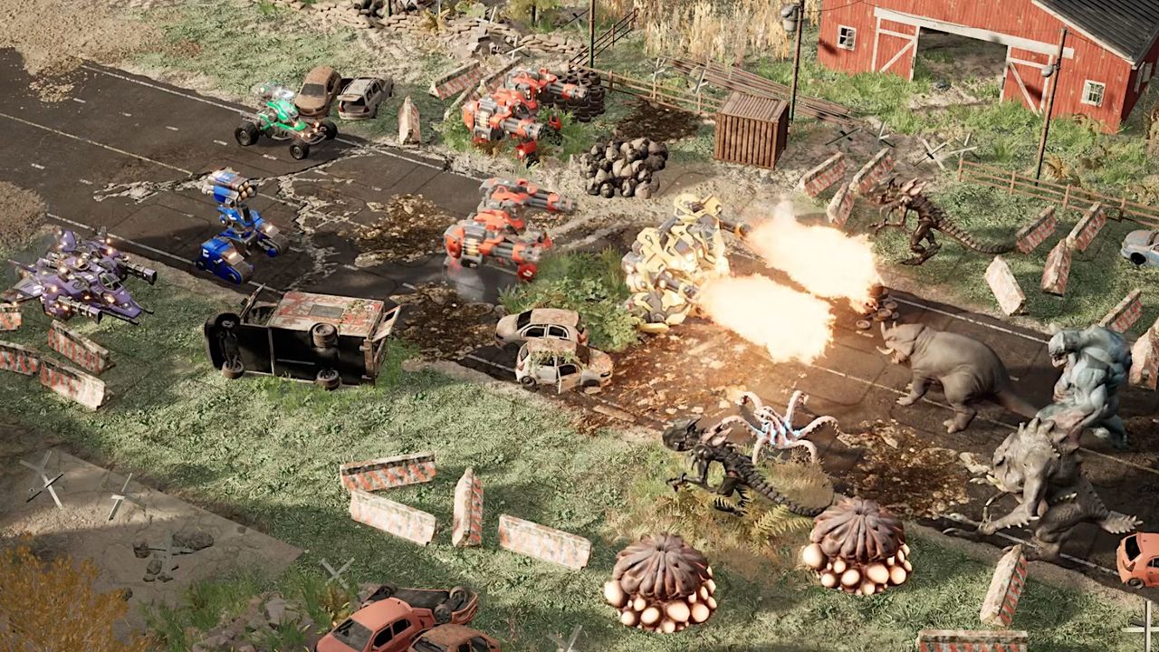 An image of mechs fighting giant monsters from game Mech Armada