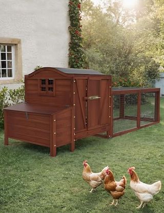 Large Chicken Coop, Wooden Chicken Coop for 3 4 5 Chickens, 109in Outdoor Hen House With Run, Waterproof Roof, Nesting Box, Pull Out Trays and Ramp, Red