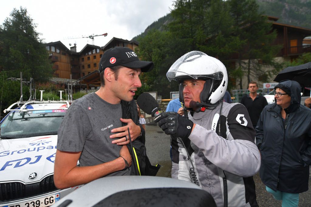 Nicolas Portal chats to fellow former French pro Thomas Voeckler at the 2019 Tour de France