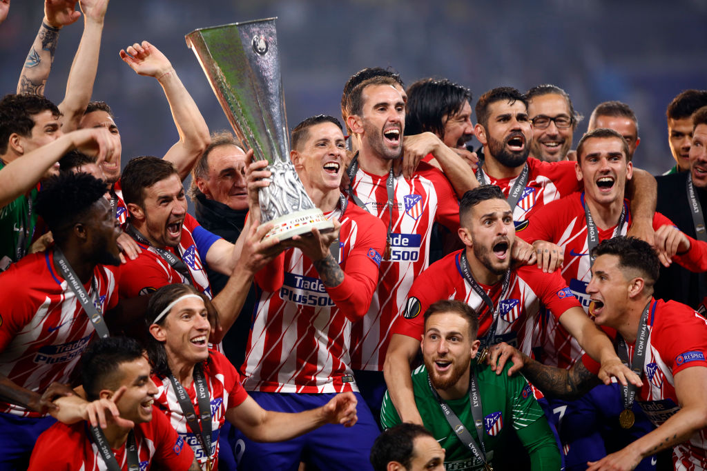 The Club Atletico de Madrid team celebrates after winningthe UEFA Europa League Final between Olympique de Marseille and Club Atletico de Madrid at Stade de Lyon on May 16, 2018 in Lyon, France. (Phoro by Mehdi Taamallah / Nurphoto)